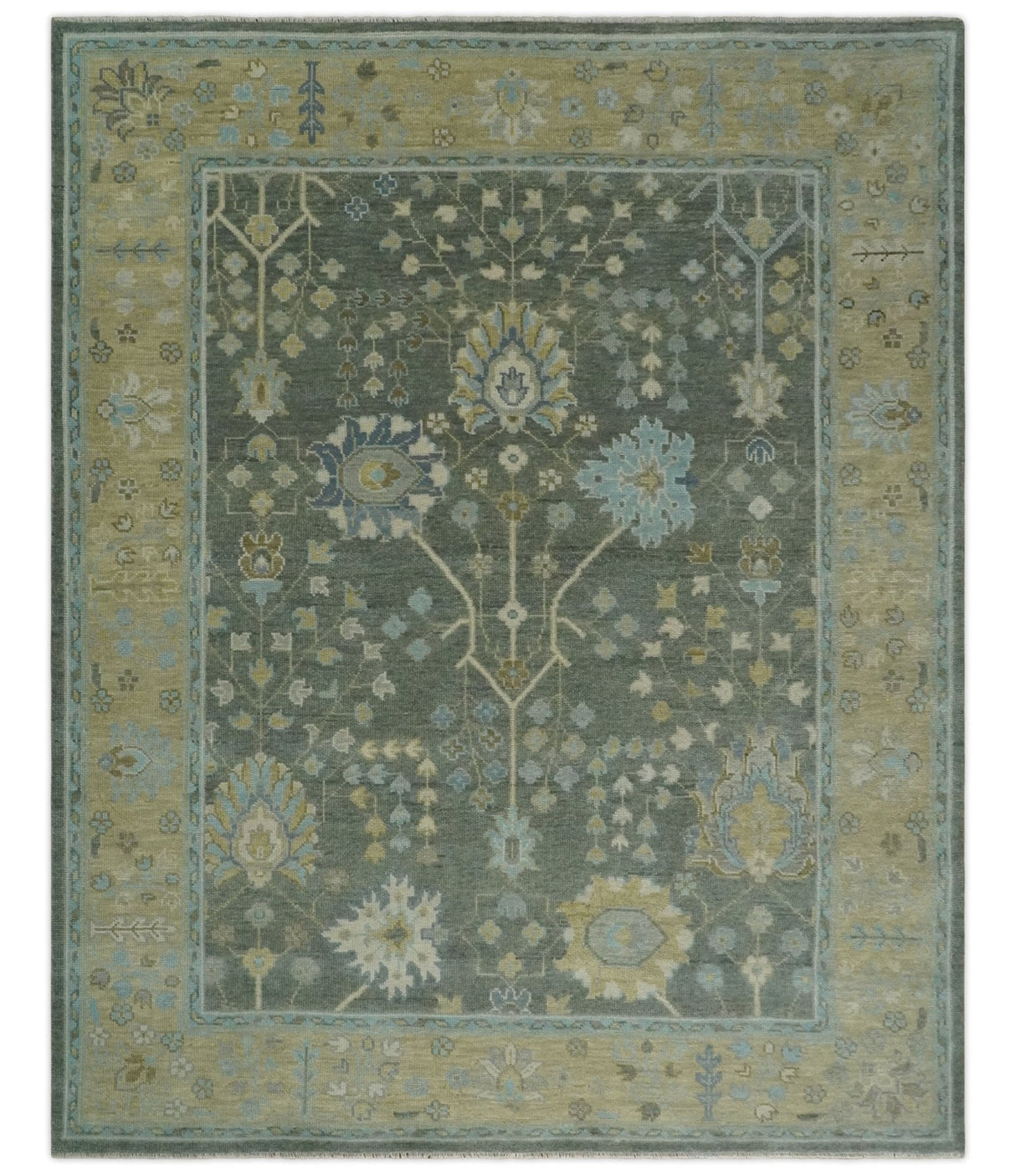 Custom Made Antique Style Hand Knotted Gray and Beige Floral Wool Rug