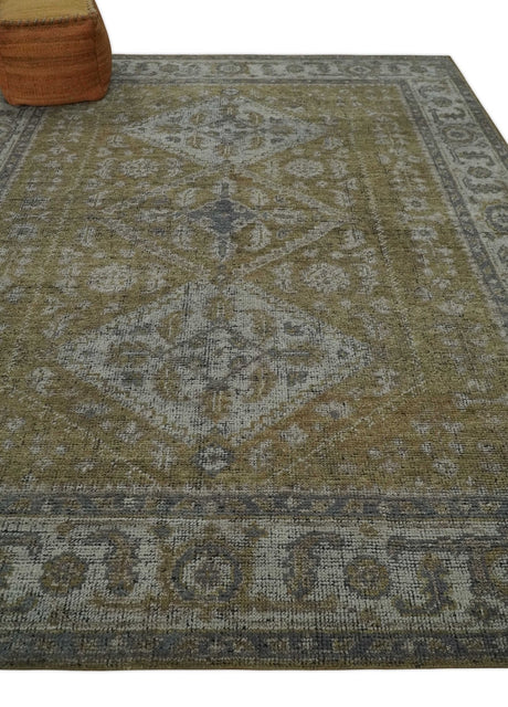 Custom Made Antique Style Hand Knotted Olive, Silver and Charcoal Traditional Wool Area Rug