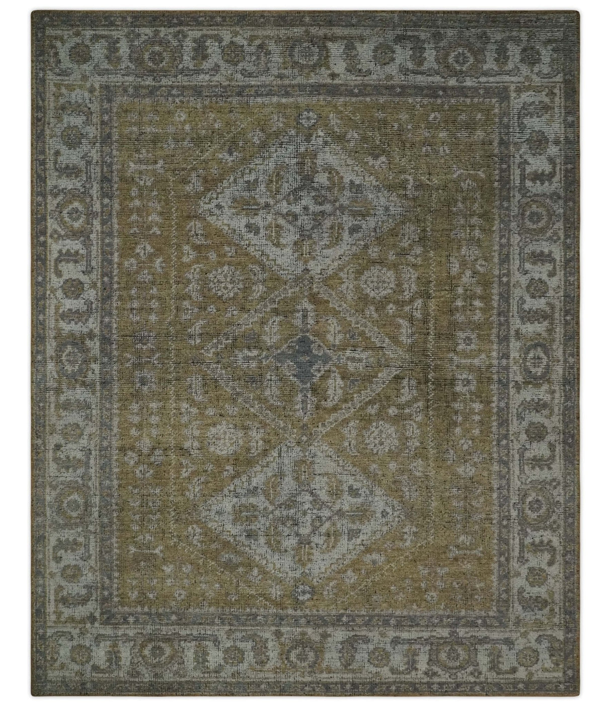 Custom Made Antique Style Hand Knotted Olive, Silver and Charcoal Traditional Wool Area Rug