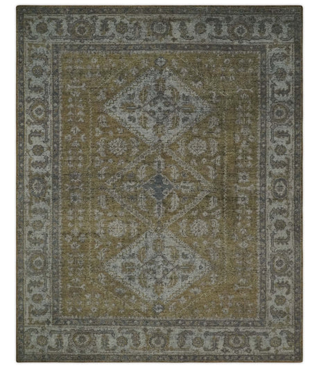 Custom Made Antique Style Hand Knotted Olive, Silver and Charcoal Traditional Wool Area Rug