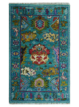 Custom Made Antique Style Hand Knotted Teal and Purple Traditional Oushak Multi Size Wool Rug