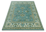 Custom Made Aqua and Beige Hand Knotted Traditional Wool Rug