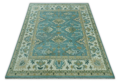 Custom Made Aqua and Beige Hand Knotted Traditional Wool Rug