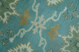 Custom Made Aqua and Beige Hand Knotted Traditional Wool Rug