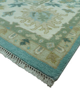 Custom Made Aqua and Beige Hand Knotted Traditional Wool Rug