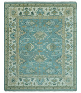Custom Made Aqua and Beige Hand Knotted Traditional Wool Rug