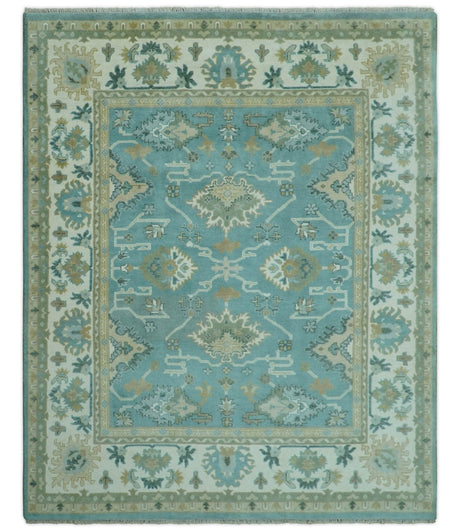 Custom Made Aqua and Beige Hand Knotted Traditional Wool Rug