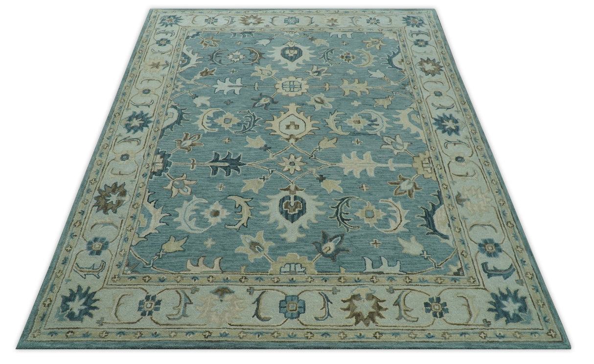 Custom Made Aqua, Ivory and Beige Hand Tufted Oriental Oushak wool area rug