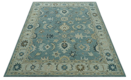 Custom Made Aqua, Ivory and Beige Hand Tufted Oriental Oushak wool area rug