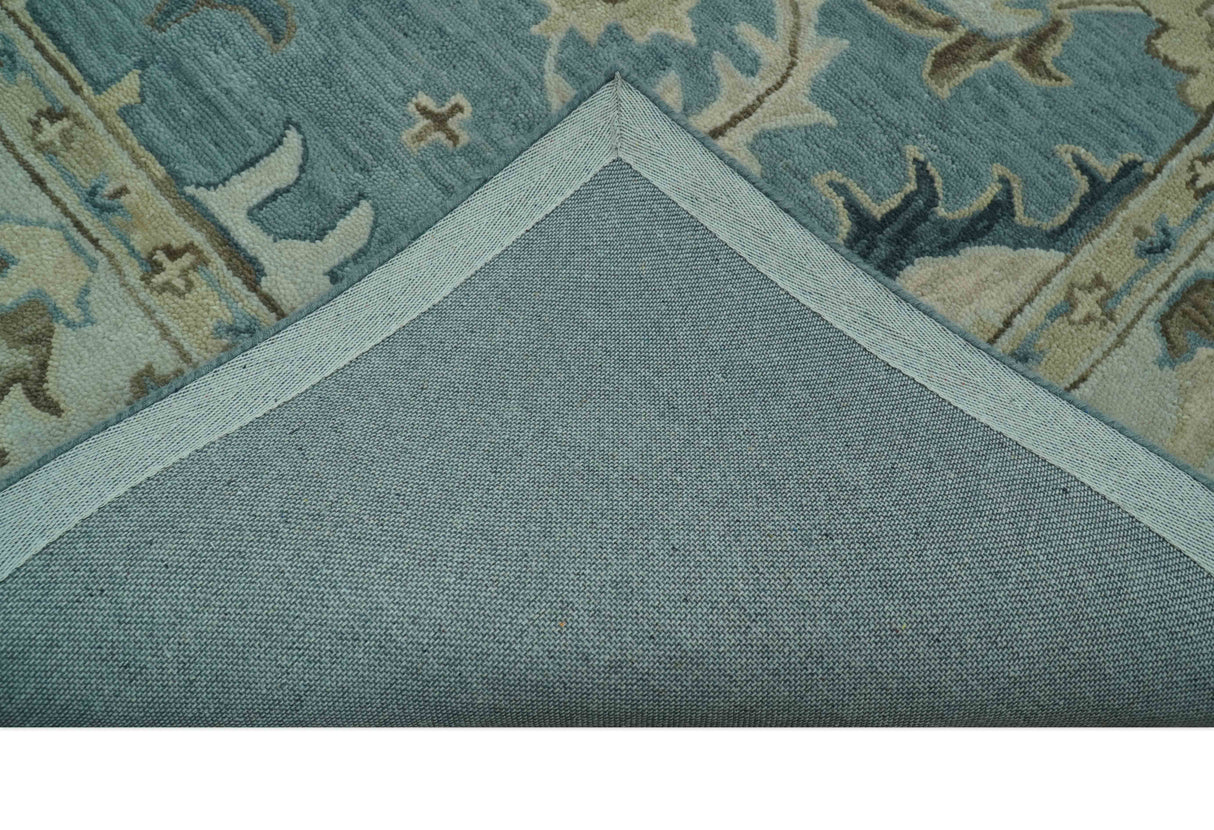 Custom Made Aqua, Ivory and Beige Hand Tufted Oriental Oushak wool area rug