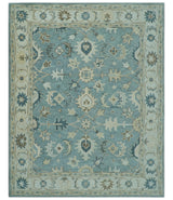 Custom Made Aqua, Ivory and Beige Hand Tufted Oriental Oushak wool area rug