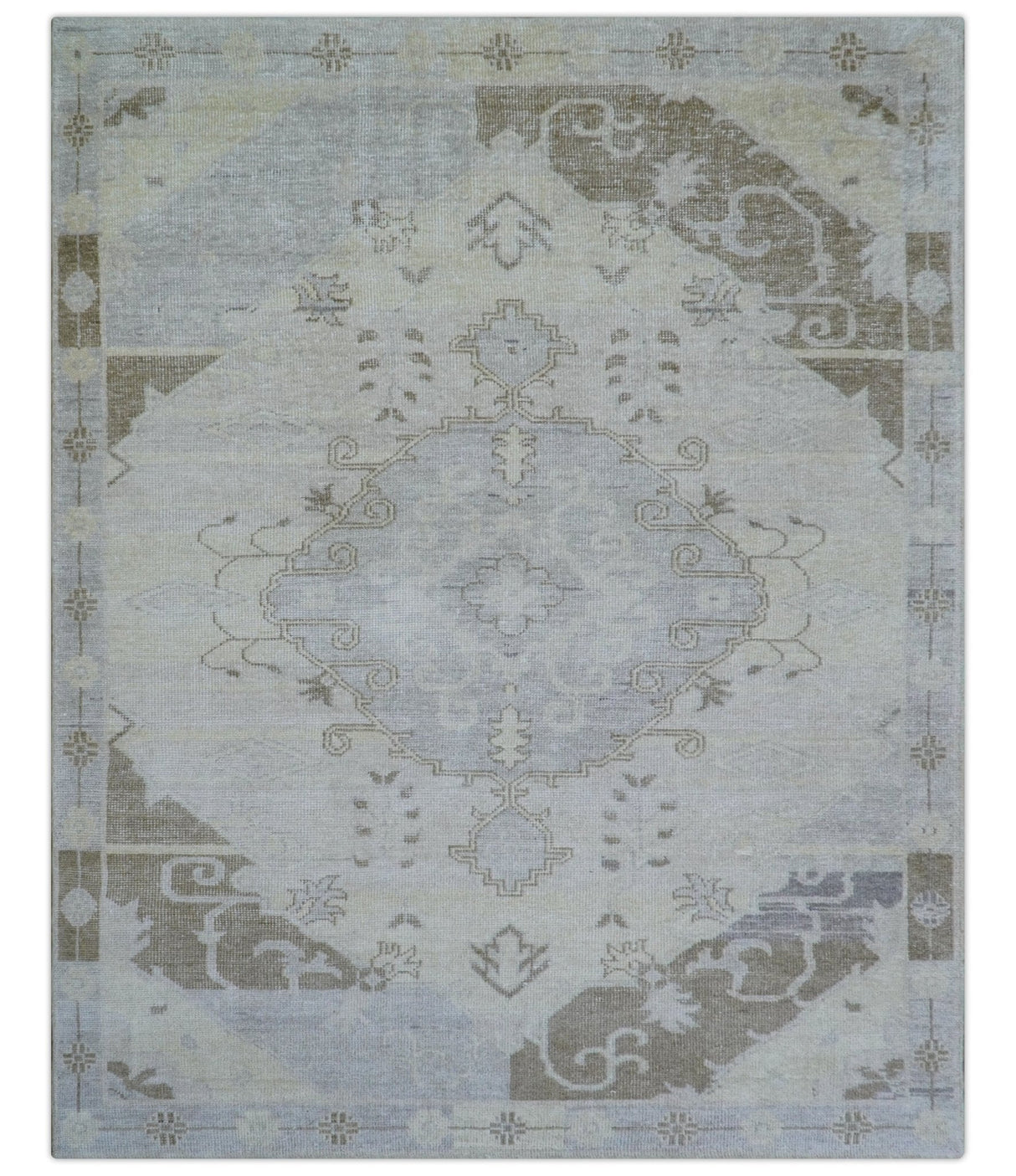 Custom Made Beige And Blue Traditional Turkish Design Hand knotted Wool Rug