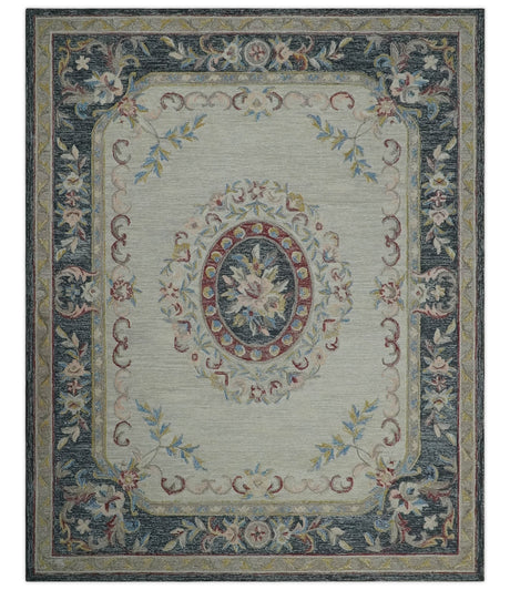 Custom Made Beige and Charcoal Aubusson French design Hand Tufted wool Area Rug
