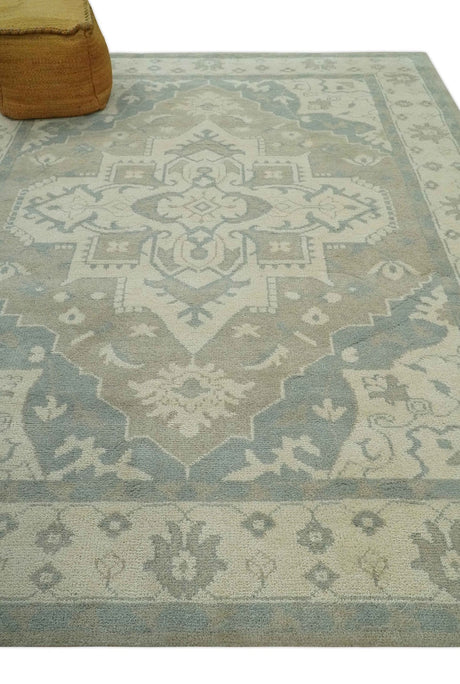 Custom Made Beige and Charcoal Traditional Heriz Medallion Hand Knotted wool Area Rug