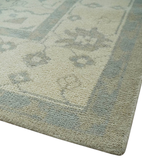 Custom Made Beige and Charcoal Traditional Heriz Medallion Hand Knotted wool Area Rug