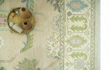 Custom Made Beige and Green Hand Knotted Traditional Oriental Oushak wool area rug