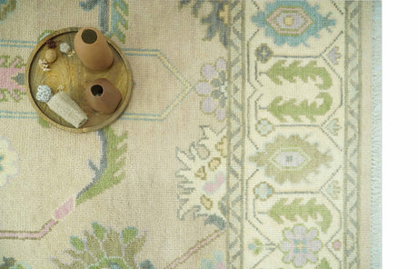 Custom Made Beige and Green Hand Knotted Traditional Oriental Oushak wool area rug