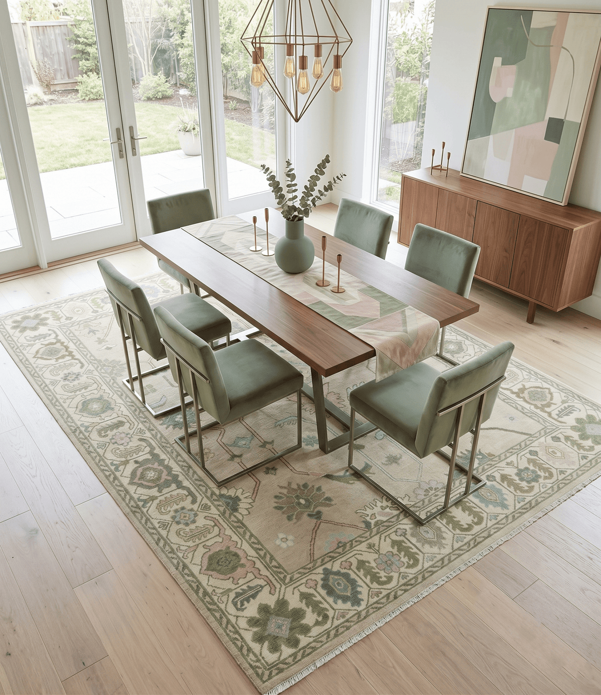 Custom Made Beige and Green Hand Knotted Traditional Oriental Oushak wool area rug