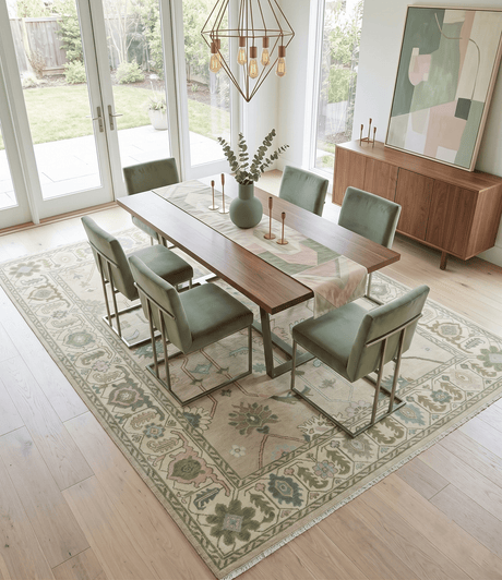 Custom Made Beige and Green Hand Knotted Traditional Oriental Oushak wool area rug