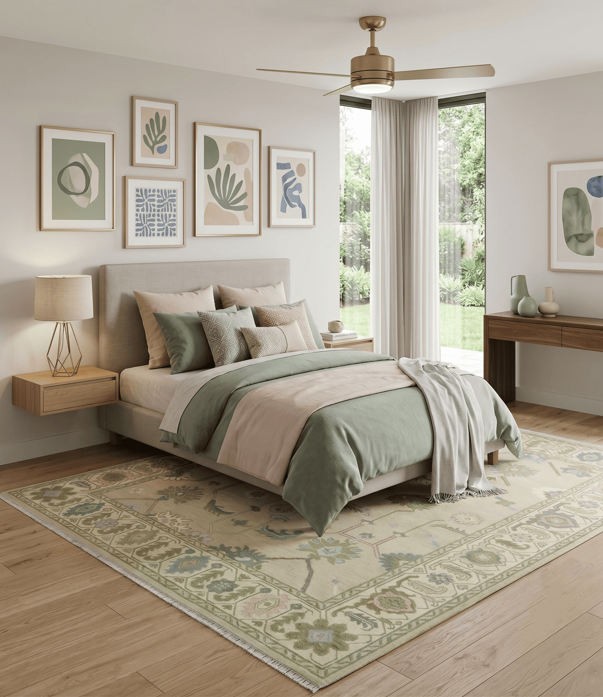 Custom Made Beige and Green Hand Knotted Traditional Oriental Oushak wool area rug