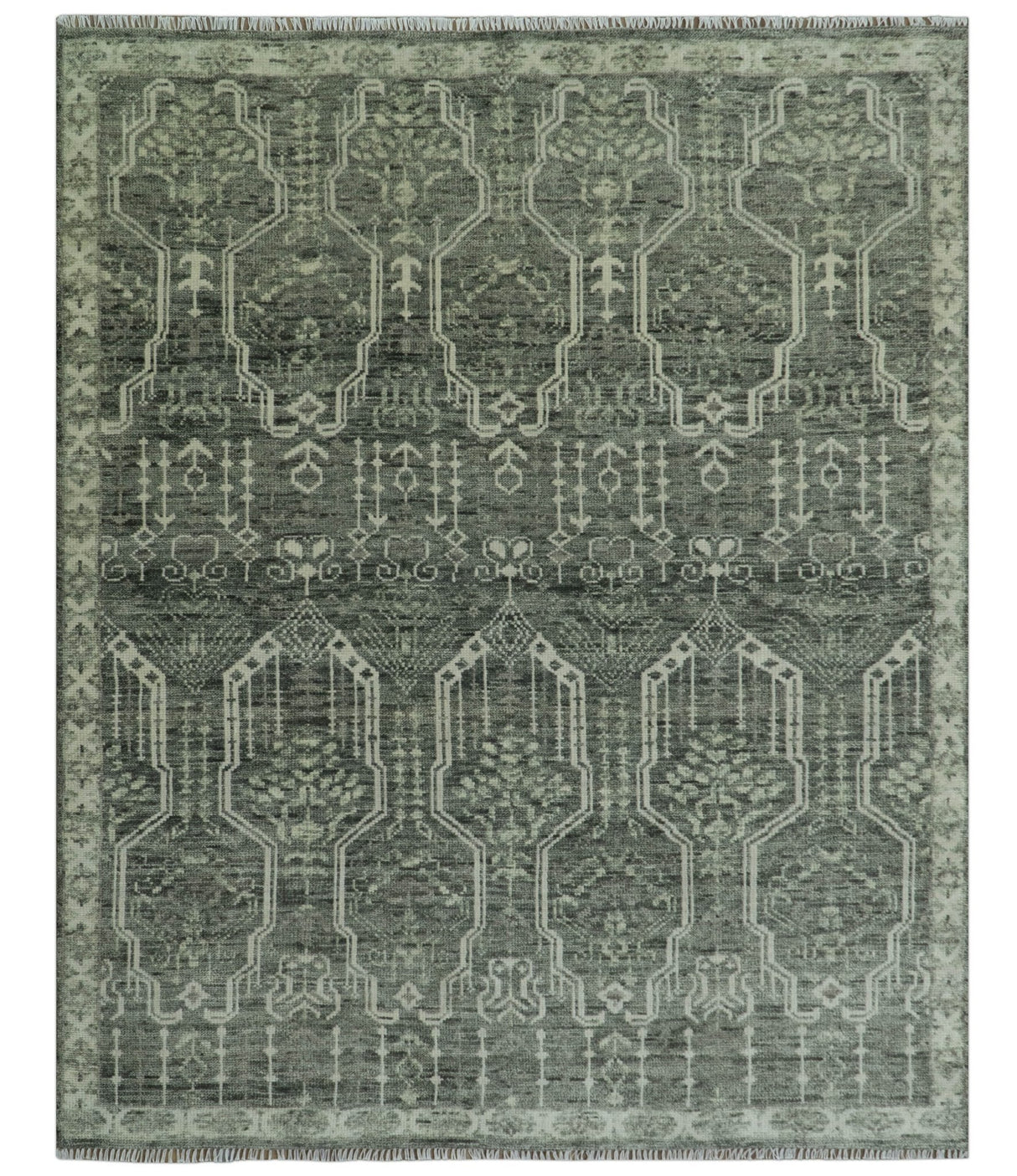 Custom Made Beige And Green Modern Geometrical Design Hand Knotted wool rug