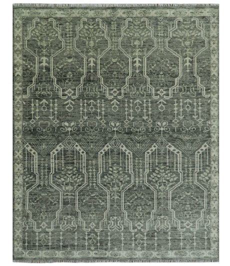 Custom Made Beige And Green Modern Geometrical Design Hand Knotted wool rug