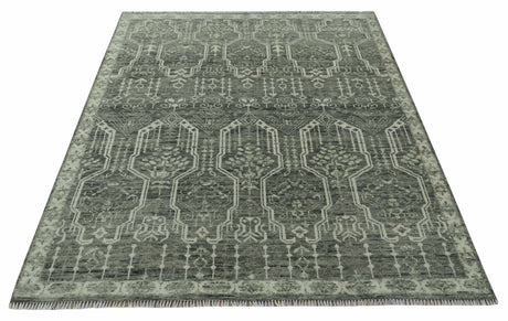 Custom Made Beige And Green Modern Geometrical Design Hand Knotted wool rug