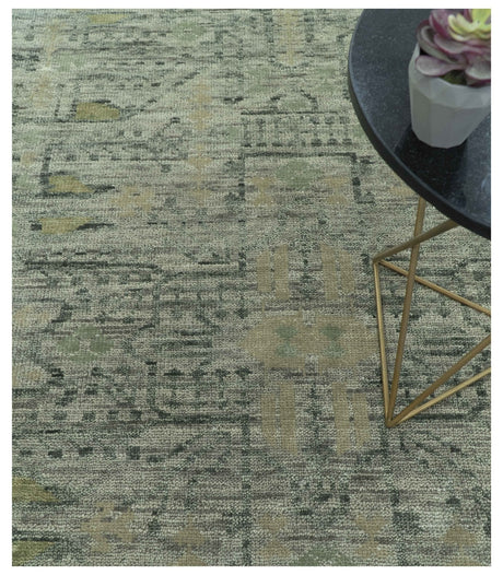 Custom Made Beige And Green Modern Geometrical Design Hand Knotted wool rug