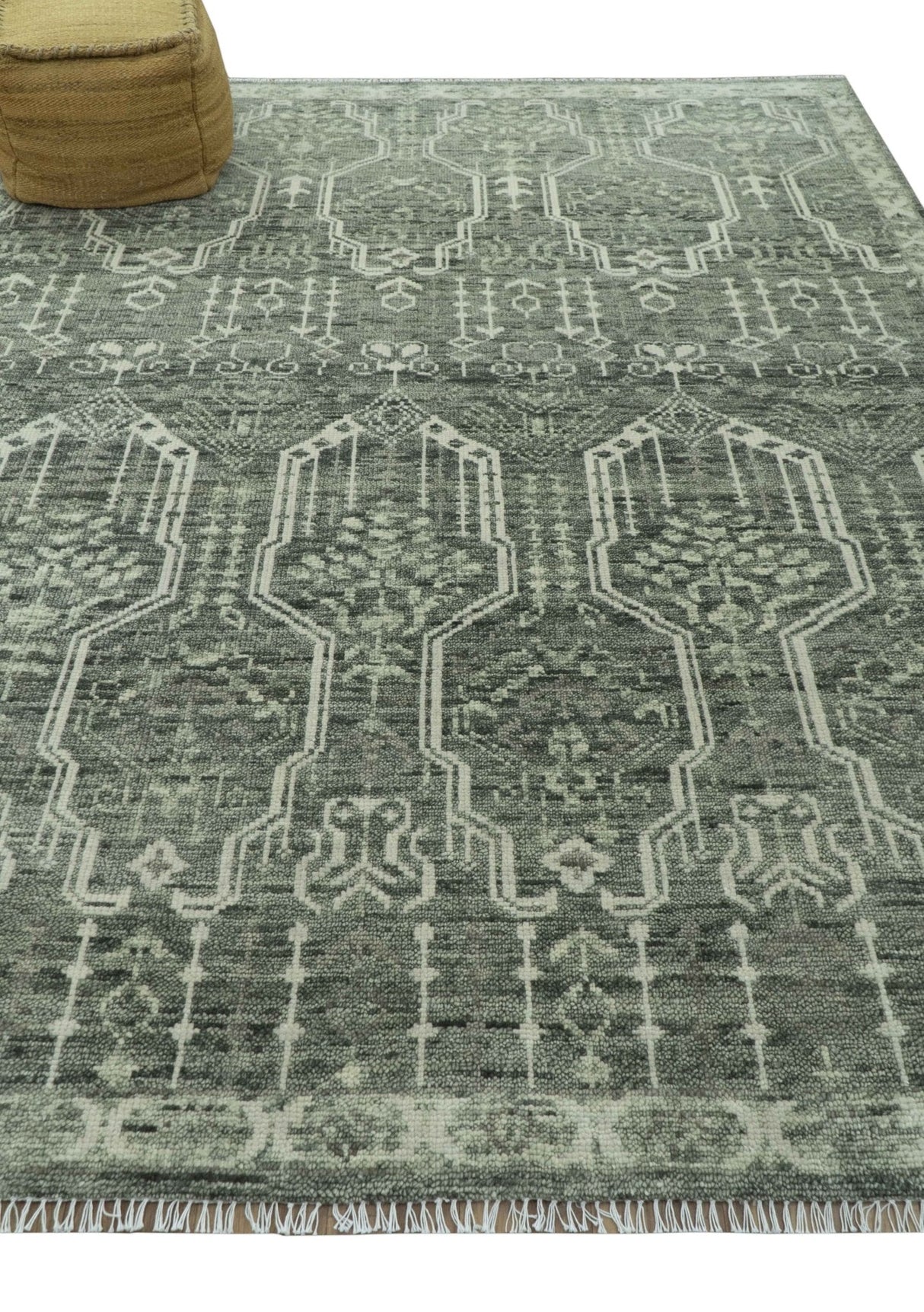Custom Made Beige And Green Modern Geometrical Design Hand Knotted wool rug