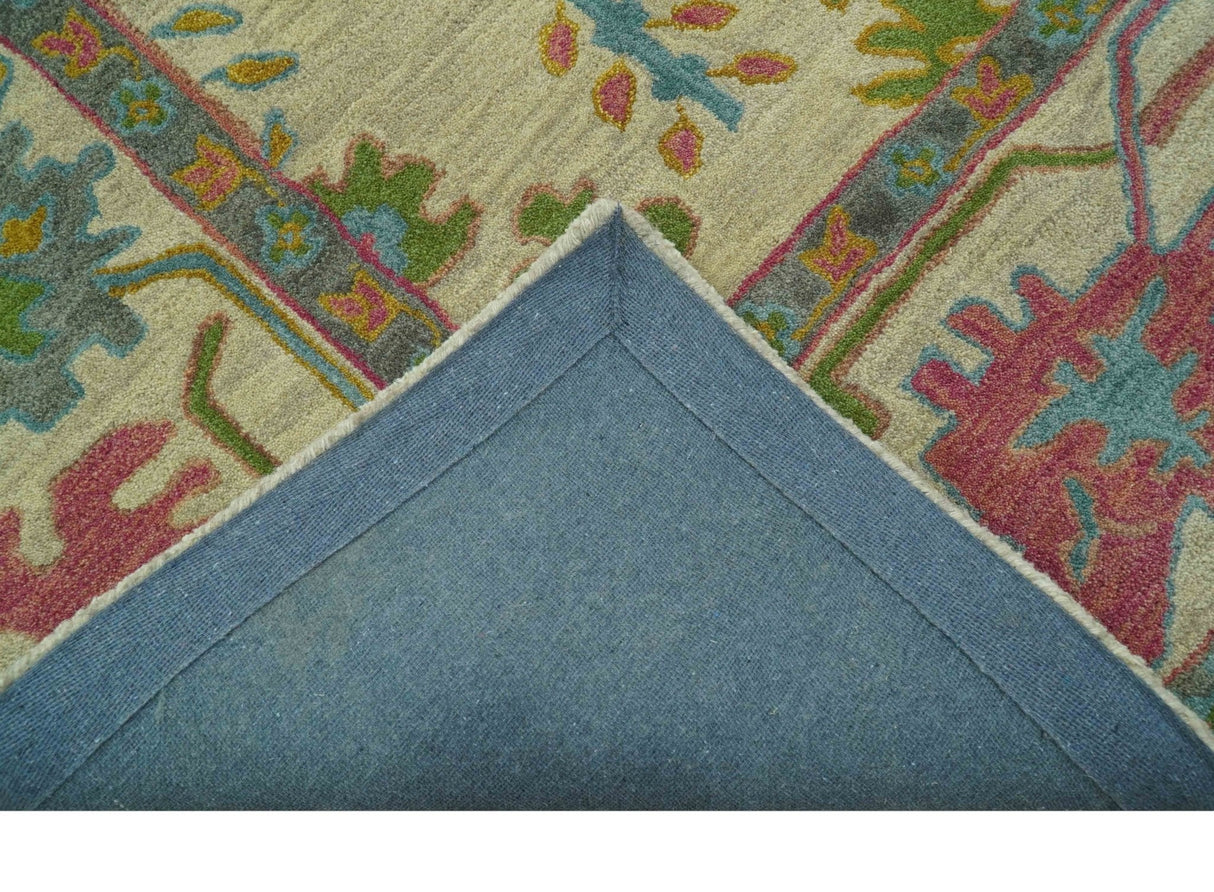 Custom Made Beige And Green Traditional Oushak Design Hand Tufted Wool Rug