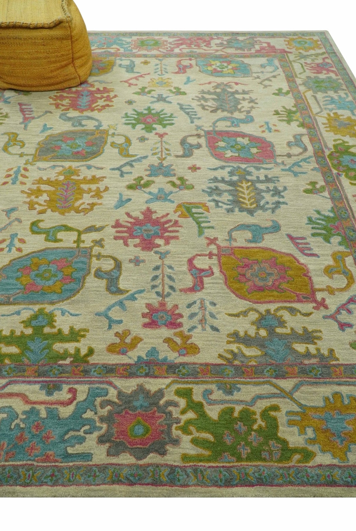 Custom Made Beige And Green Traditional Oushak Design Hand Tufted Wool Rug