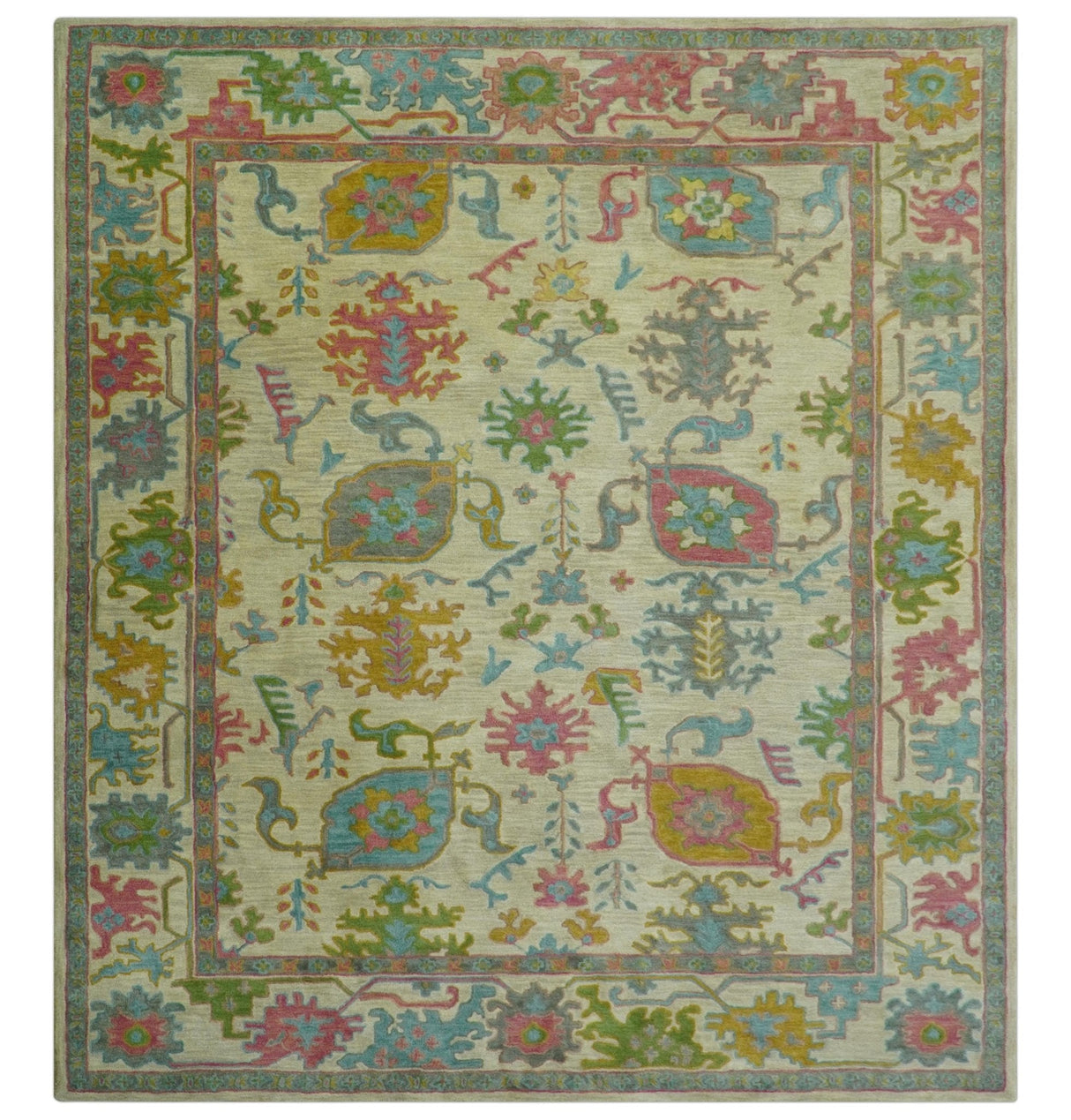 Custom Made Beige And Green Traditional Oushak Design Hand Tufted Wool Rug