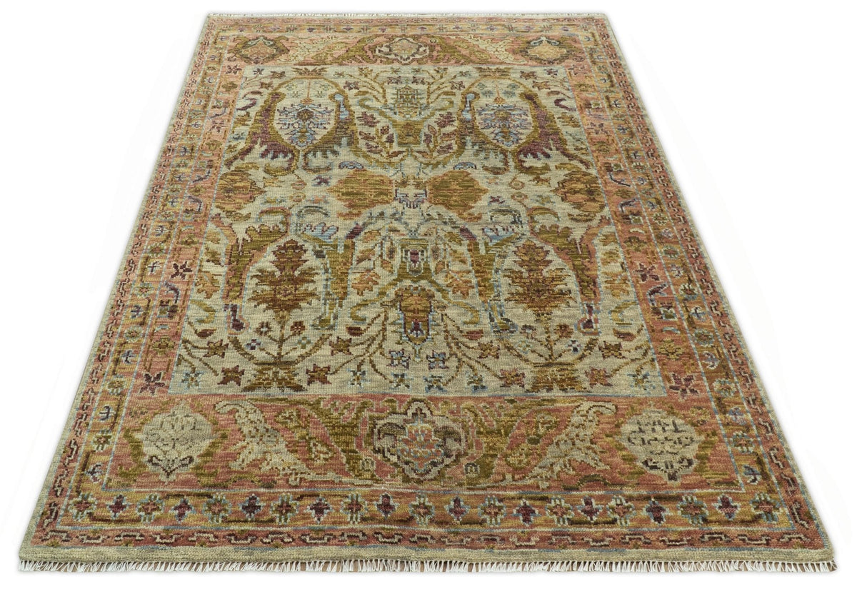 Custom Made Beige, Peach And Green Transition Hand Knotted wool rug