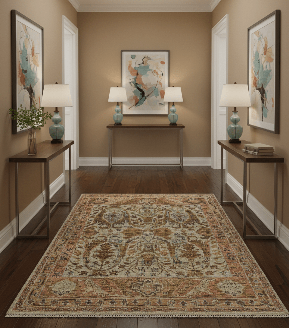 Custom Made Beige, Peach And Green Transition Hand Knotted wool rug