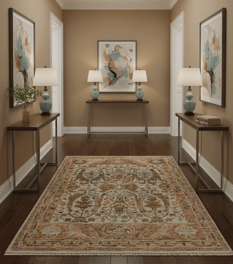 Custom Made Beige, Peach And Green Transition Hand Knotted wool rug