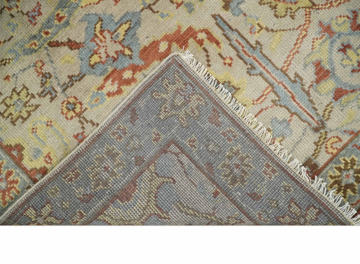 Custom Made Beige, Rust and Blue Traditional Style Hand Knotted Wool Area Rug