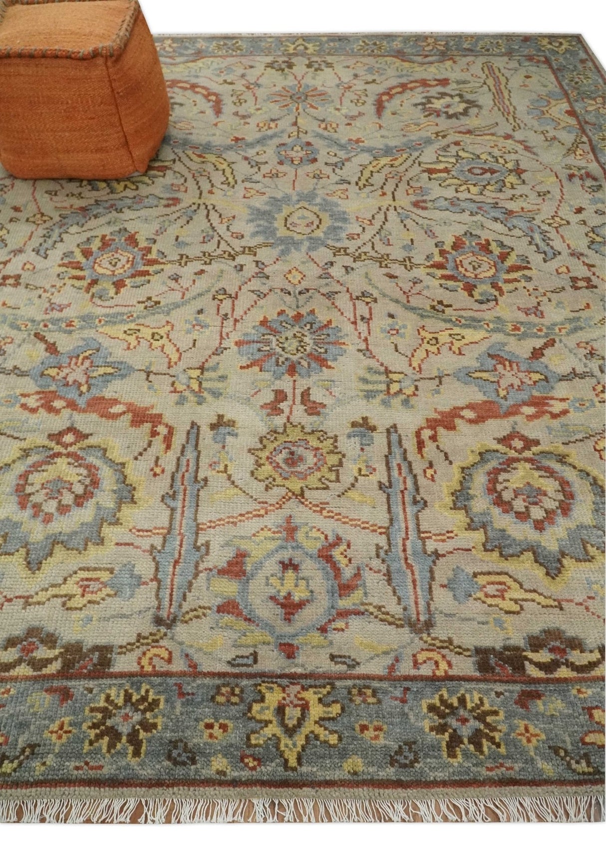 Custom Made Beige, Rust and Blue Traditional Style Hand Knotted Wool Area Rug