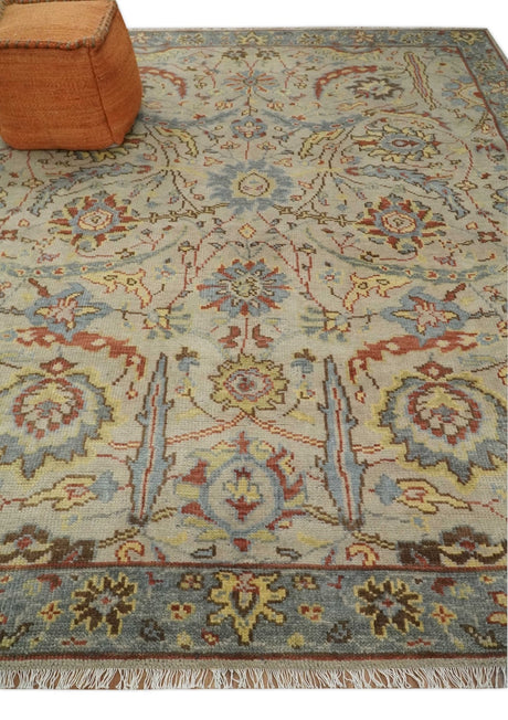 Custom Made Beige, Rust and Blue Traditional Style Hand Knotted Wool Area Rug