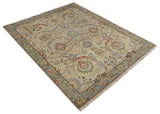 Custom Made Beige, Rust and Blue Traditional Style Hand Knotted Wool Area Rug