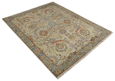 Custom Made Beige, Rust and Blue Traditional Style Hand Knotted Wool Area Rug