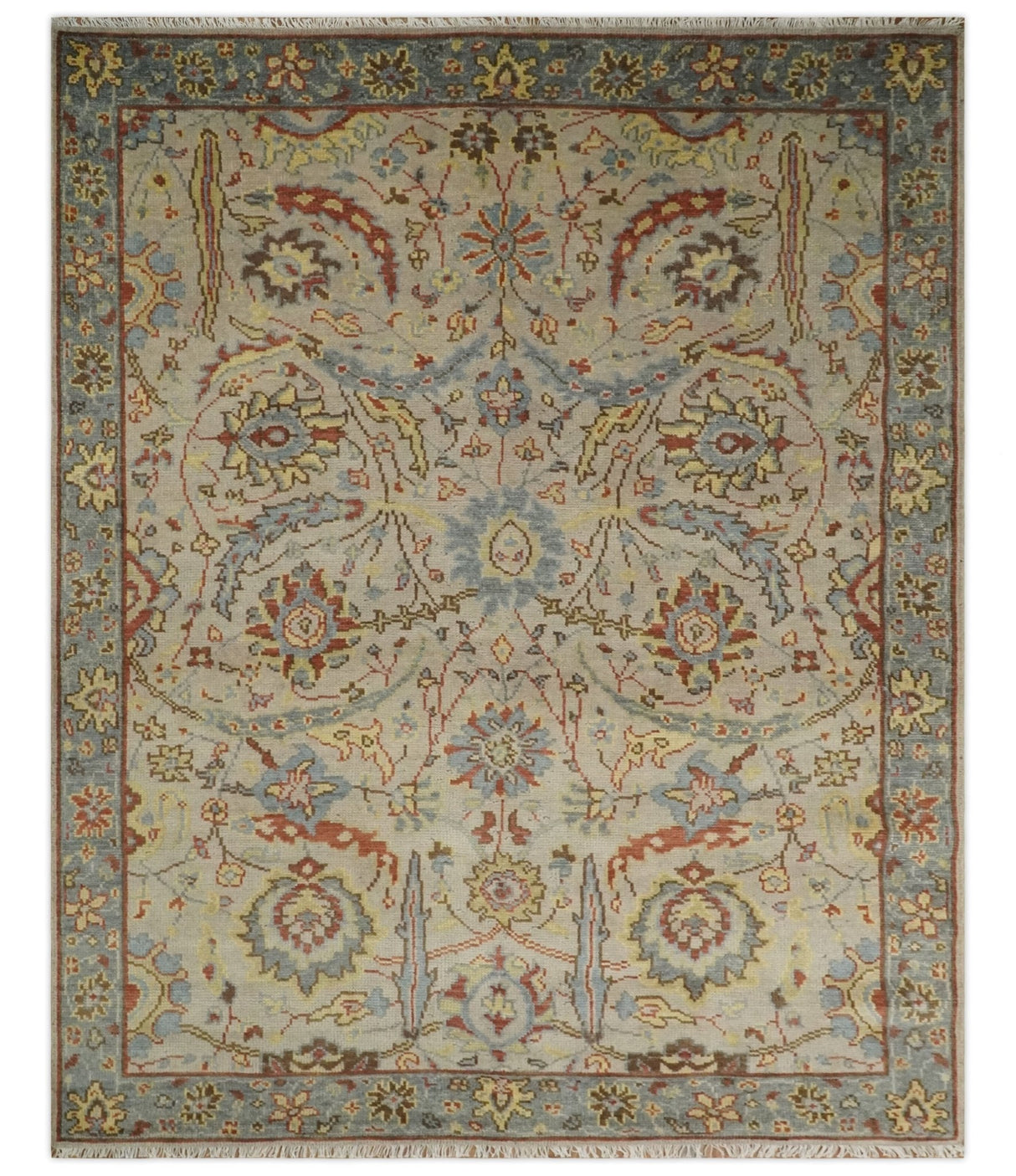 Custom Made Beige, Rust and Blue Traditional Style Hand Knotted Wool Area Rug