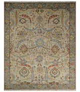 Custom Made Beige, Rust and Blue Traditional Style Hand Knotted Wool Area Rug
