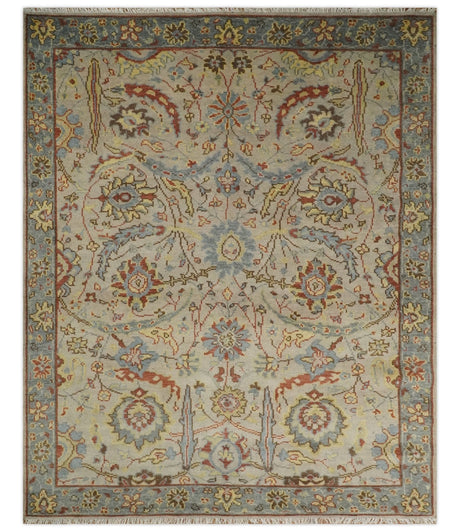 Custom Made Beige, Rust and Blue Traditional Style Hand Knotted Wool Area Rug