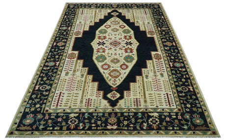 Custom Made Black And Ivory Traditional Serapi Design Hand Knotted Wool Rug