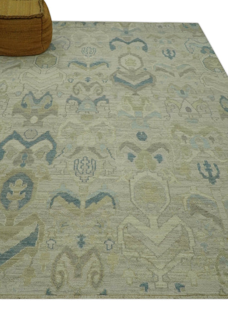 Custom Made Blue And Beige Modern Ikat Design Hand Knotted Wool Area Rug