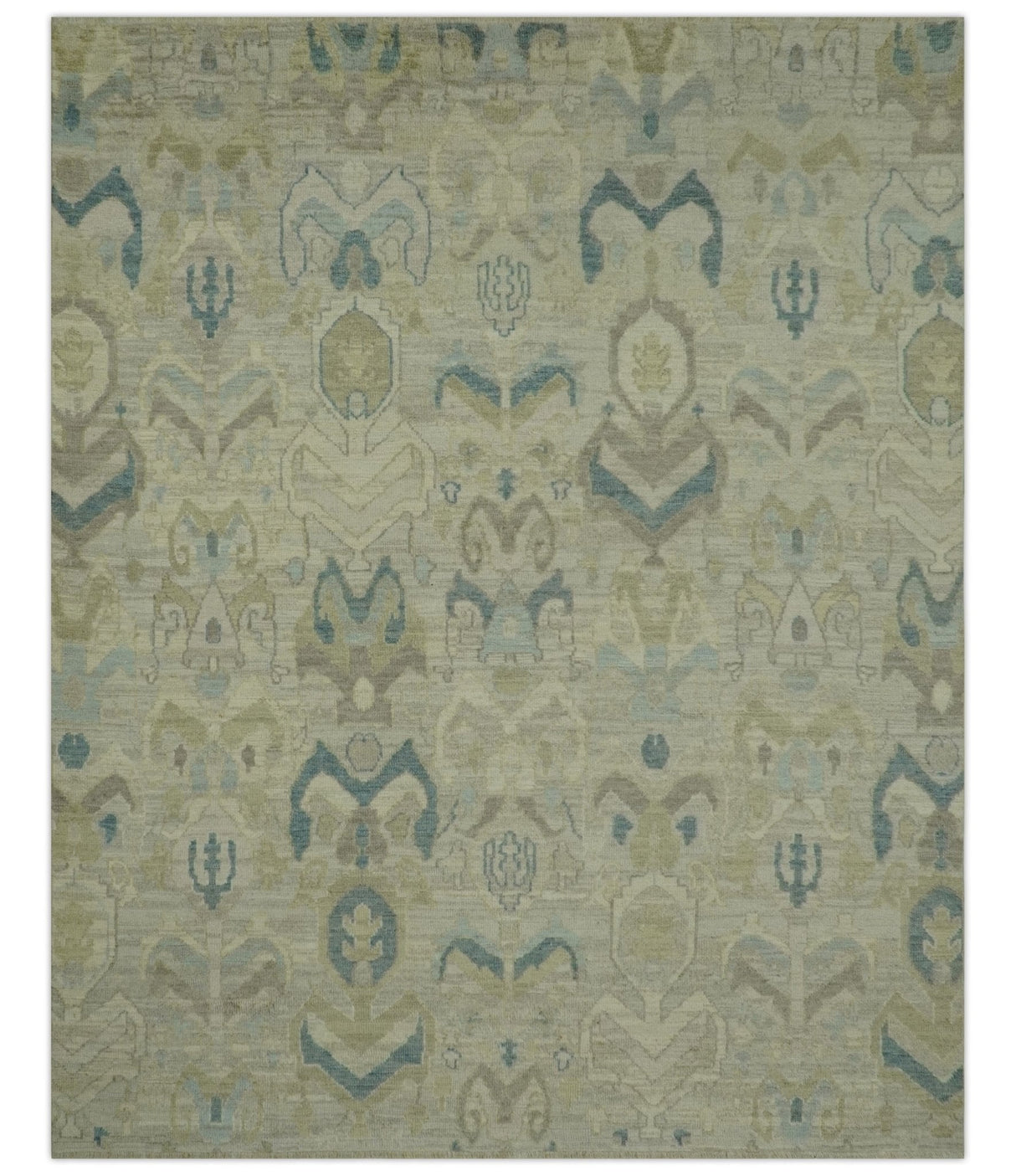 Custom Made Blue And Beige Modern Ikat Design Hand Knotted Wool Area Rug