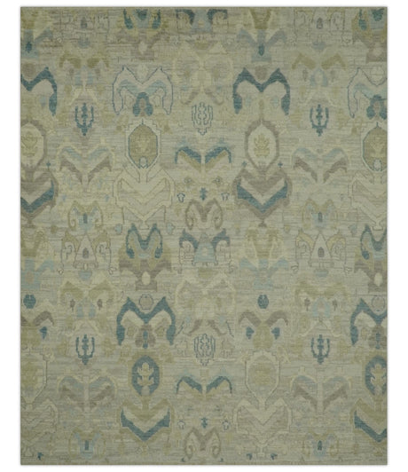 Custom Made Blue And Beige Modern Ikat Design Hand Knotted Wool Area Rug