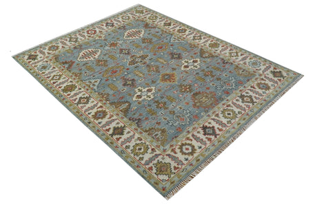 Custom Made Blue And Beige Traditional Hand Knotted Wool Area Rug