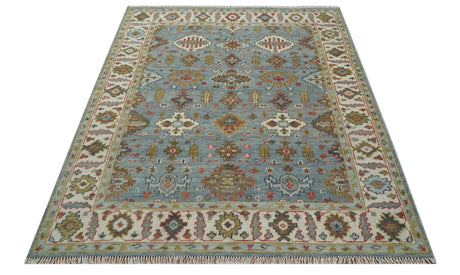 Custom Made Blue And Beige Traditional Hand Knotted Wool Area Rug