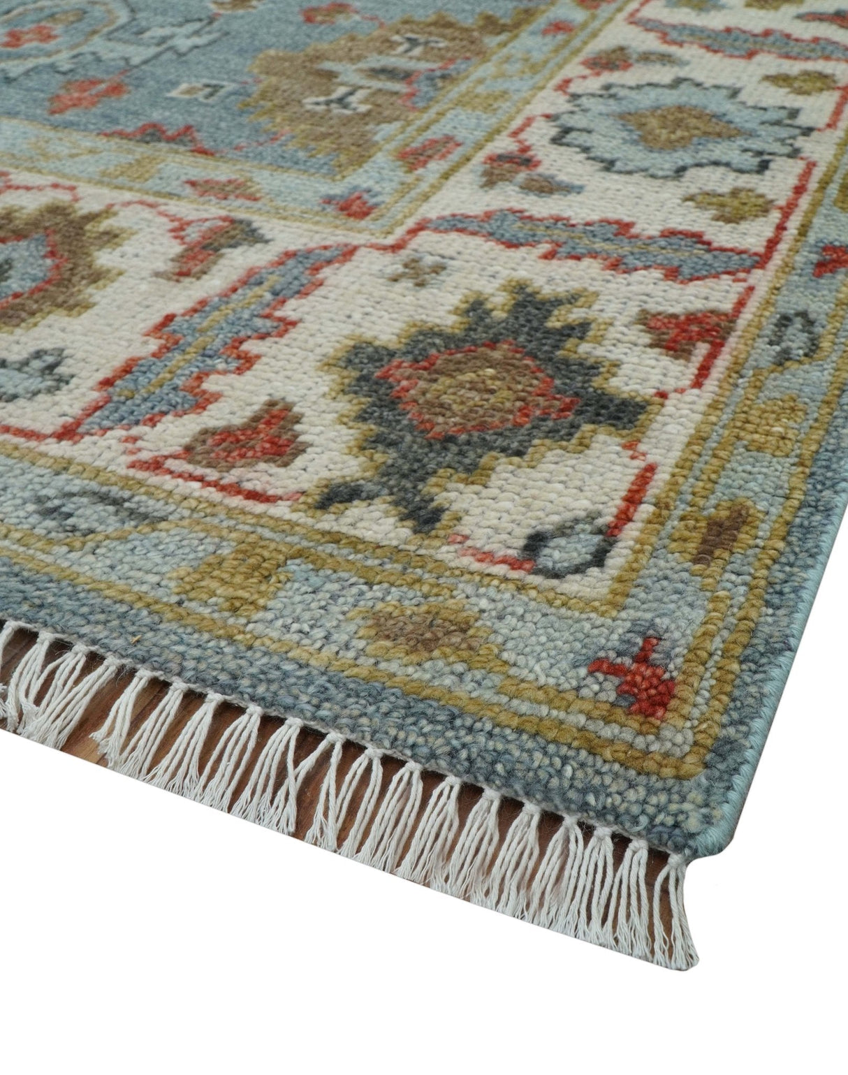 Custom Made Blue And Beige Traditional Hand Knotted Wool Area Rug